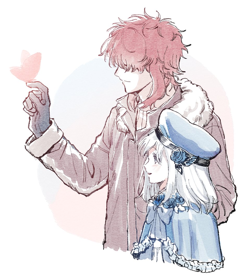 1boy, 1girl, black_gloves, blue_bow, blue_headwear, bow, brown_coat, butterfly_on_hand