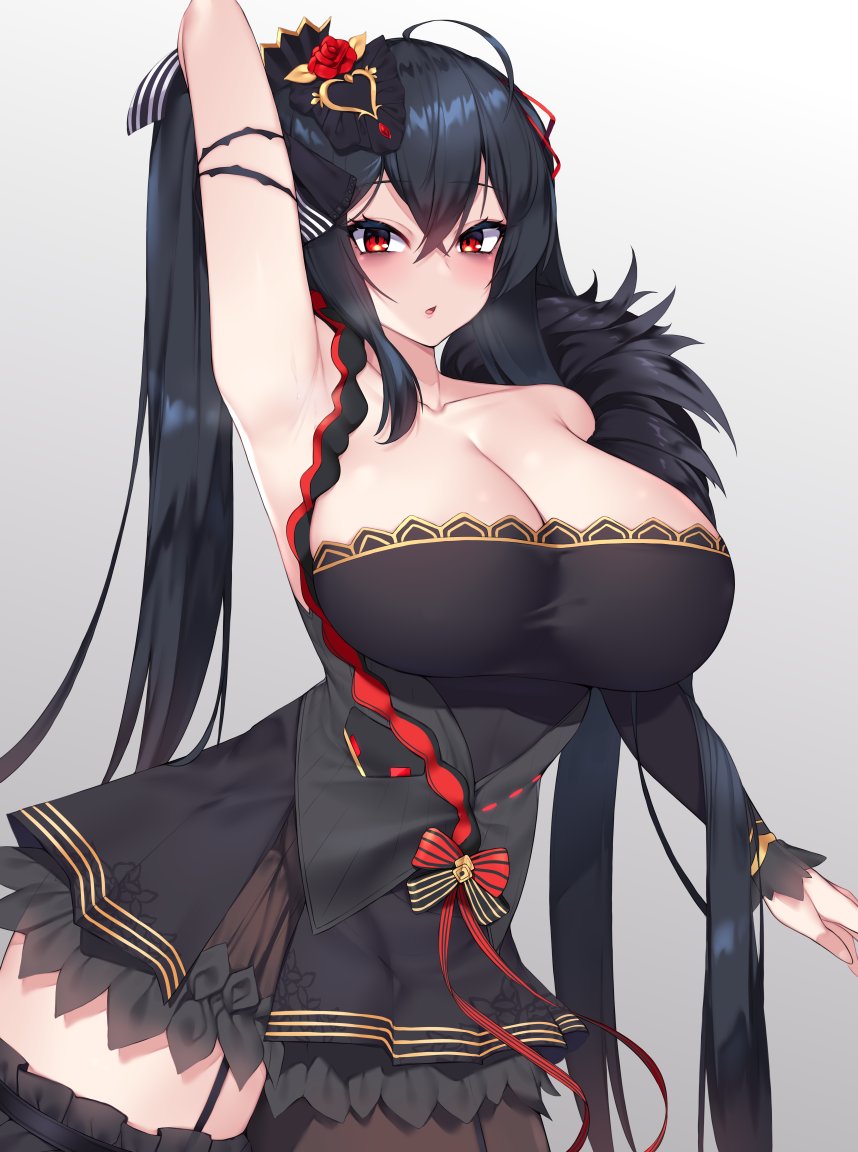 1girl, ahoge, alternate_costume, arm_behind_head, arm_up, azur_lane, bangs, bare_shoulders