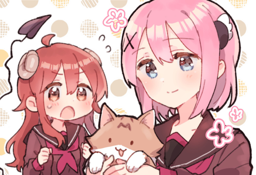 2girls, :o, animal, bangs, black_sailor_collar, blue_eyes, blush, brown_eyes, brown_hair, brown_shirt, cat, chiyoda_momo, clenched_hands, closed_mouth, curled_horns, demon_girl, demon_horns, demon_tail, eyebrows_visible_through_hair, flying_sweatdrops, hair_between_eyes, highres, holding, holding_animal, horns, long_hair, long_sleeves, machikado_mazoku, metako_(machikado_mazoku), multiple_girls, neckerchief, open_mouth, pink_hair, polka_dot, polka_dot_background, purple_neckwear, sailor_collar, school_uniform, serafuku, shirt, short_hair, smile, sorimachi-doufu, tail, tail_raised, upper_body, very_long_hair, white_background, yoshida_yuuko_(machikado_mazoku)