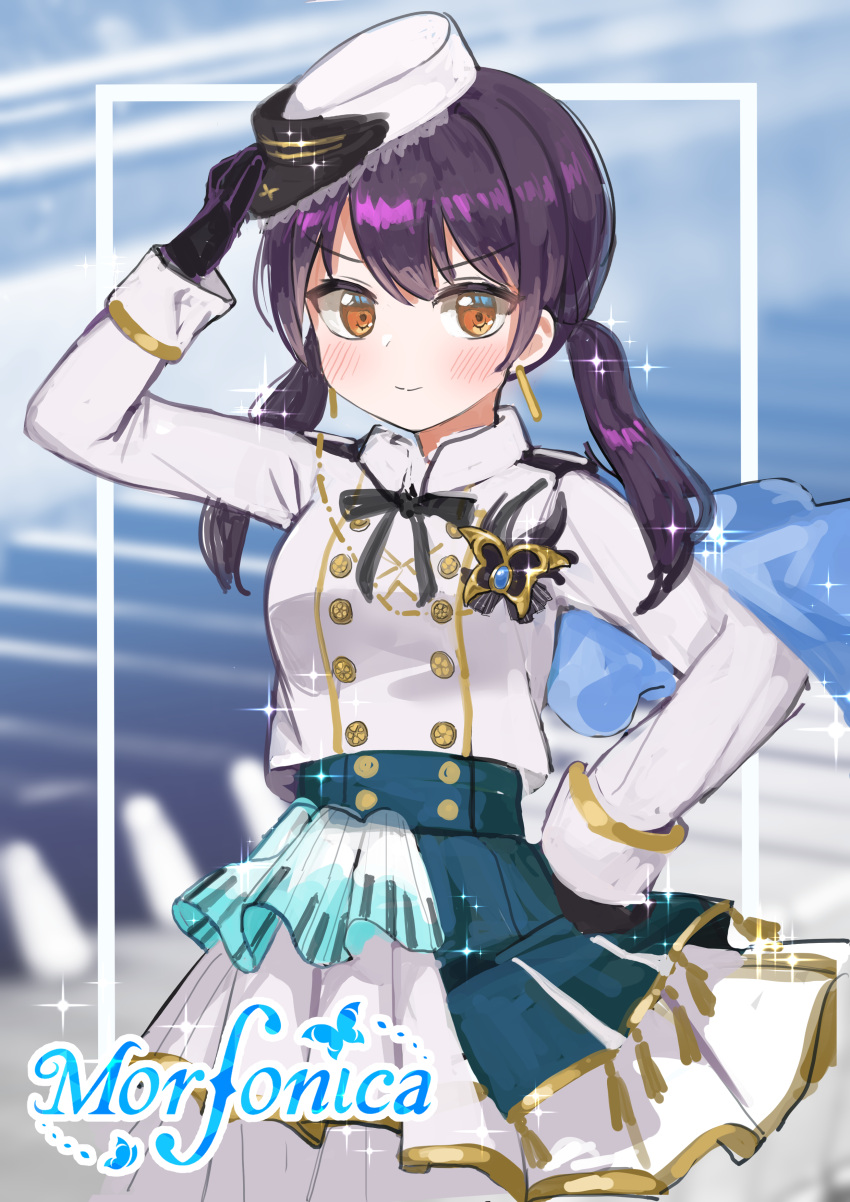 1girl, absurdres, bang_dream!, blush, buttons, collar, dress, futaba_tsukushi, gloves, hand_on_hip, hat, highres, looking_at_viewer, morfonica, seojinhui, smile, twintails, white_dress