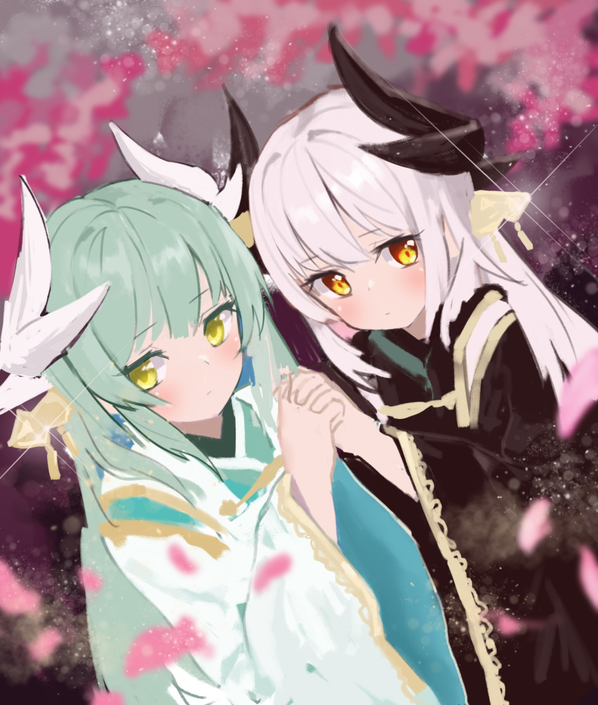 2girls, bangs, cherry_blossoms, fate/grand_order, fate_(series), grey_hair, highres, holding_hands, horns, japanese_clothes, kimono, kiyohime_(fate/grand_order), kiyohime_(onmyoji), multicolored, multicolored_background, multiple_girls, seojinhui, shiny, sparkle, white_hair, yellow_eyes