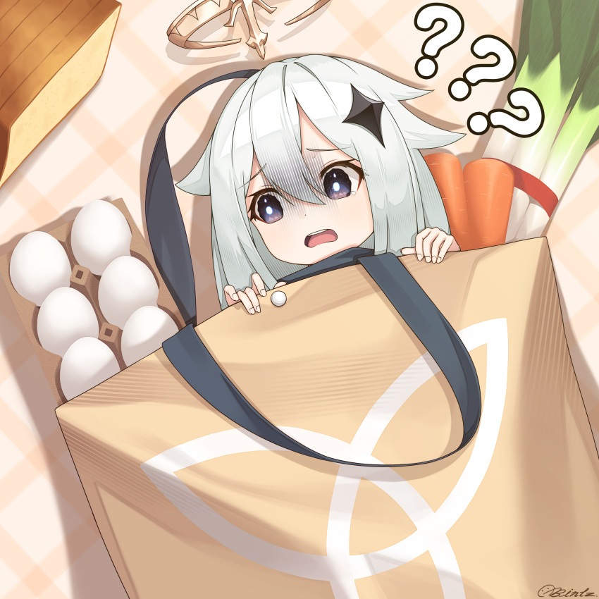 1girl, ?, ??, absurdres, bag, bintz, blue_eyes, blush