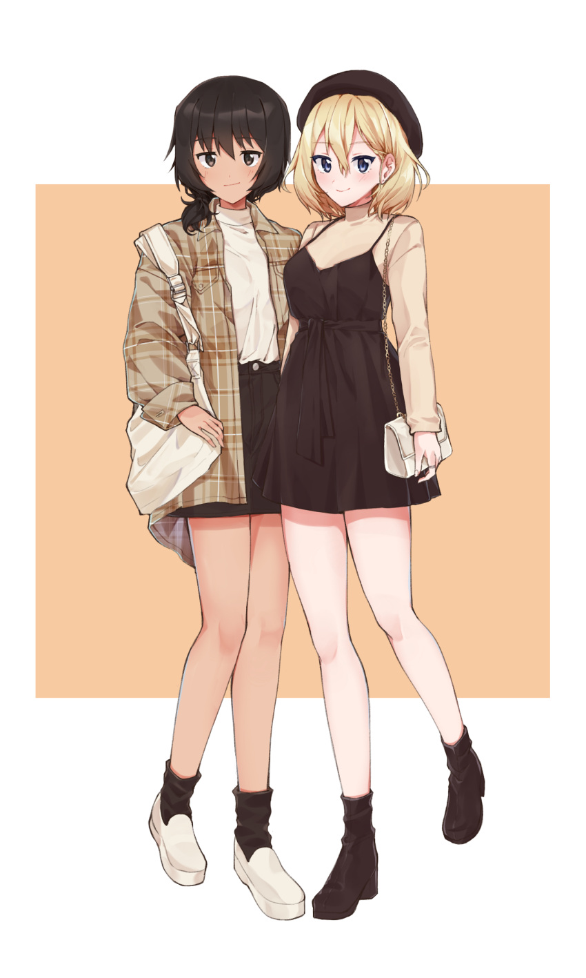 2girls, absurdres, andou_(girls_und_panzer), ankle_boots, bag, bangs, beige_background, beige_shirt