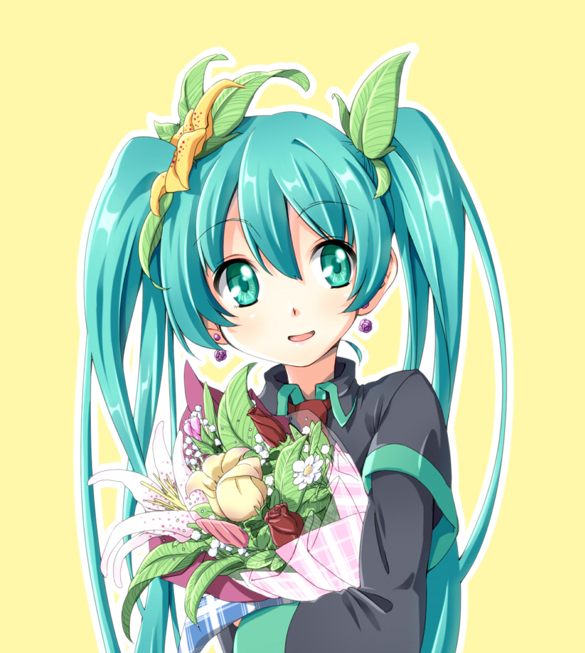 1girl, :d, aqua_eyes, aqua_hair, blush, bouquet, commentary, earrings, flower, hair_between_eyes, hatsune_miku, hinosita_hikari, jewelry, long_hair, long_image, looking_at_viewer, open_mouth, plant, simple_background, smile, tall_image, upper_body, vocaloid, yellow_background