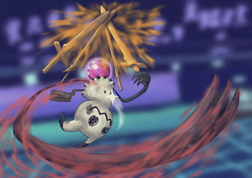 alternate_color, blurry, blurry_background, claws, commentary_request, energy, gen_7_pokemon, highres, holding, holding_sword, holding_weapon, iro_haruno, life_orb, mimikyu, no_humans, pokemon, pokemon_(creature), shiny_pokemon, solo, sword, swords_dance_(pokemon), upside-down, weapon