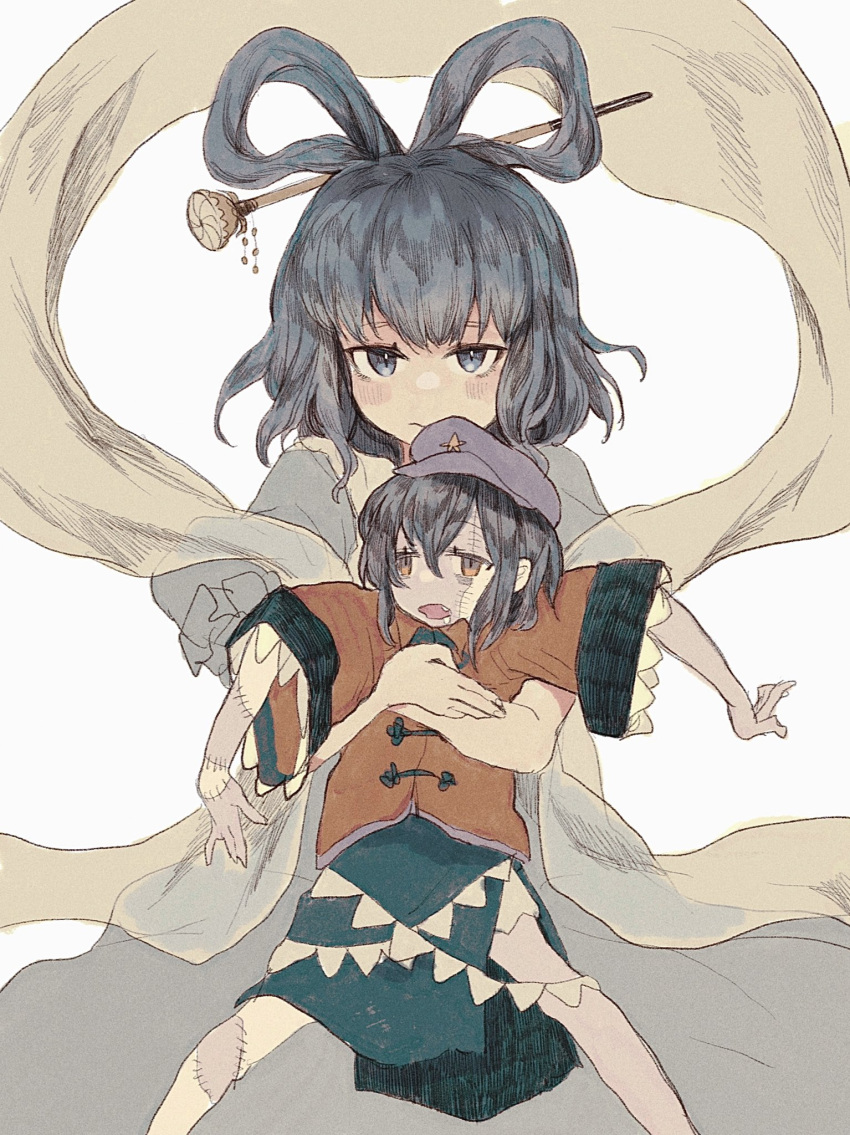 2girls, bangs, black_hair, black_neckwear, black_ribbon, black_skirt, blue_dress, blue_eyes