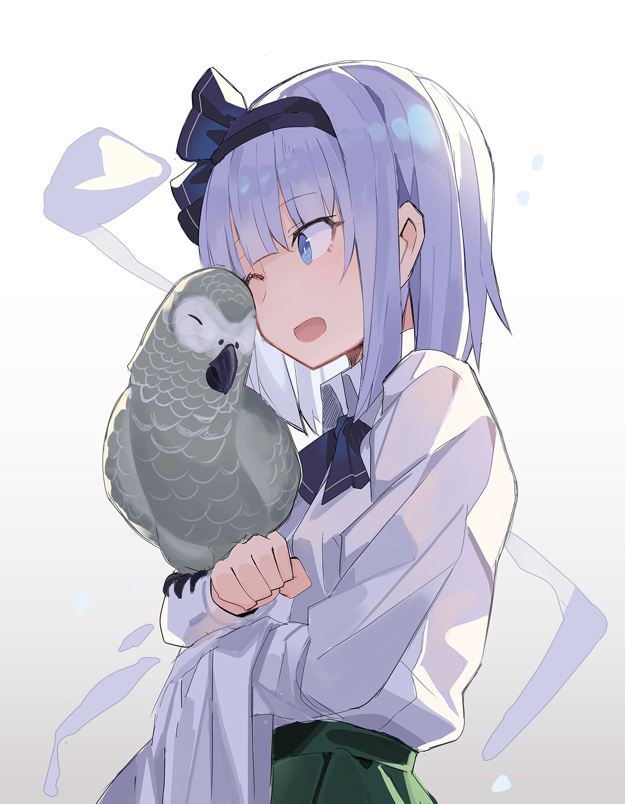 1girl, adapted_costume, animal_on_arm, animal_request, bangs, bird, bird_on_arm, black_hairband