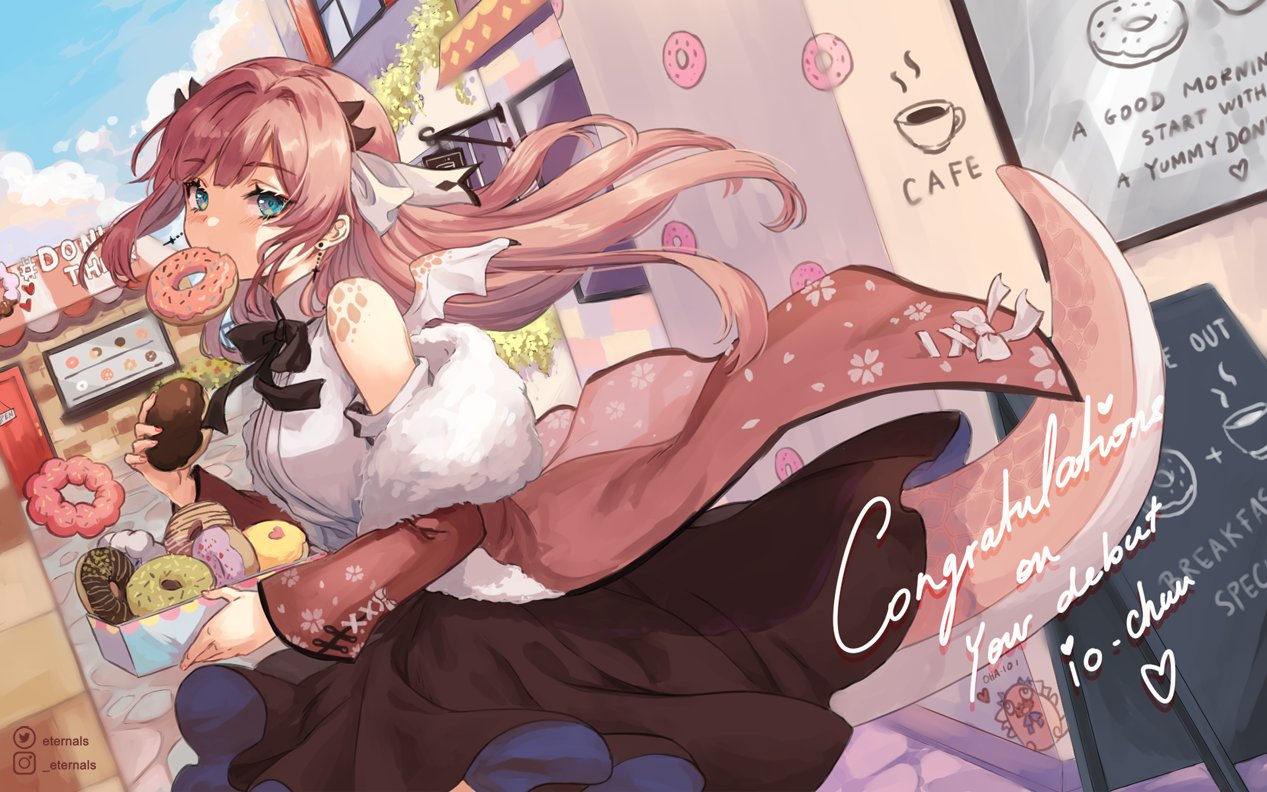 atelier_live, cafe, congratulations, doughnut, fangs, food, horns, indie_virtual_youtuber