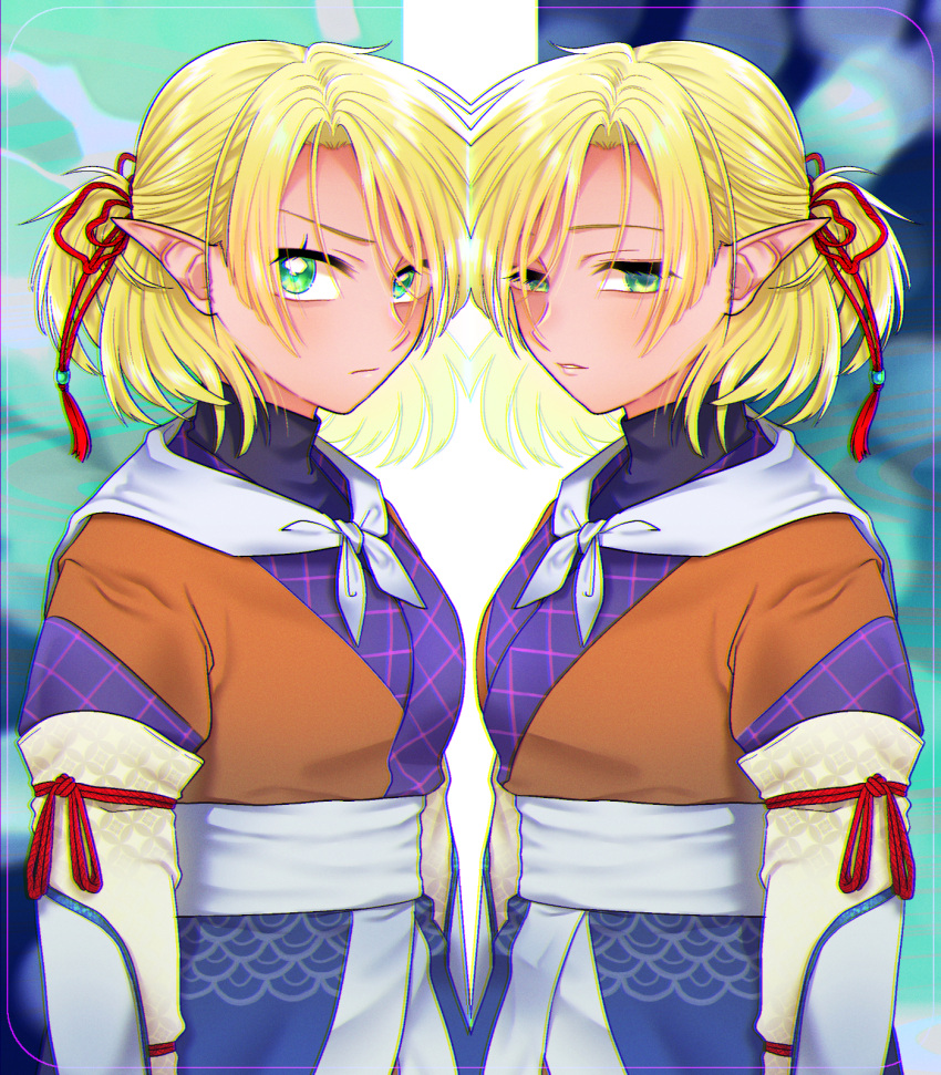 2girls, arm_guards, arm_ribbon, ascot, bangs, black_shirt, blonde_hair, blush
