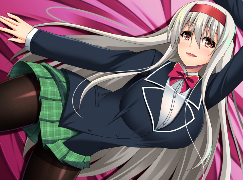 1girl, alternate_costume, black_legwear, blazer, blue_jacket, bow, bowtie, breasts