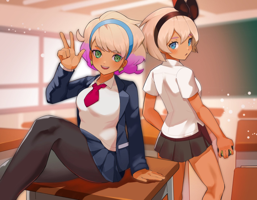 2girls, bangs, bea_(pokemon), black_legwear, blonde_hair, blue_eyes, blue_skirt, blush, classroom, commentary_request, desk, earrings, eyelashes, green_eyes, hair_between_eyes, hairband, highres, holding, holding_poke_ball, indoors, jacket, jewelry, katwo, long_sleeves, looking_at_viewer, multicolored_hair, multiple_girls, on_desk, pantyhose, peonia_(pokemon), pleated_skirt, poke_ball, pokemon, pokemon_(game), pokemon_swsh, shirt, short_sleeves, side_slit, sitting, skirt, standing, w, white_shirt