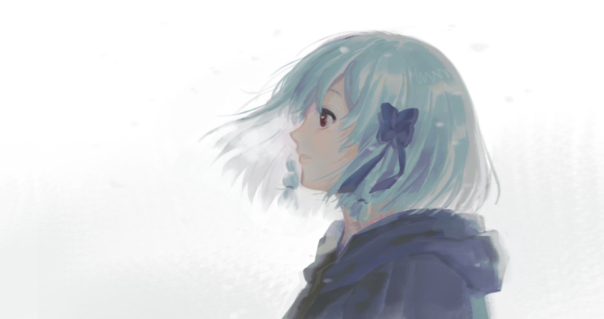 1girl, aqua_hair, bow, brown_eyes, hai_to_no_monogatari, hair_between_eyes, hair_bow, profile