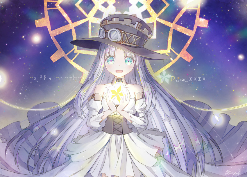 1girl, :o, bare_shoulders, black_headwear, blue_eyes, character_name, corset, detached_collar
