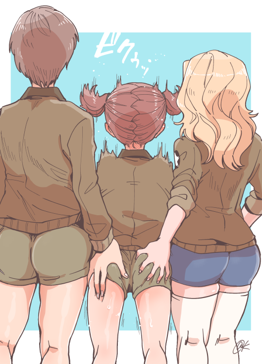 3girls, aku2, alisa_(girls_und_panzer), ass_grab, blonde_hair, brown_jacket, girls_und_panzer, girls_und_panzer_saishuushou, jacket, kay_(girls_und_panzer), long_hair, long_sleeves, military, military_uniform, multiple_girls, naomi_(girls_und_panzer), saunders_military_uniform, short_hair, shorts, thigh-highs, uniform, white_legwear, yuri