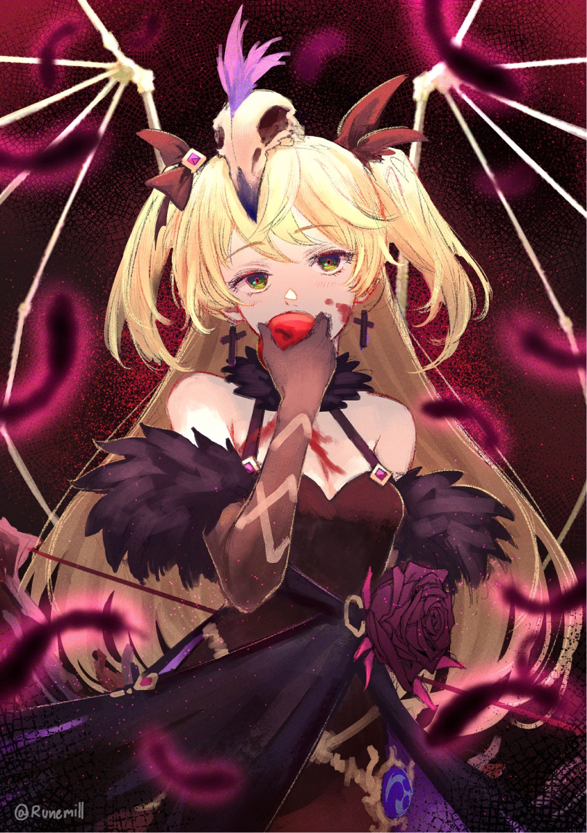 adapted_costume, apple, black_gloves, blonde_hair, bone, cross, earrings, feather_trim