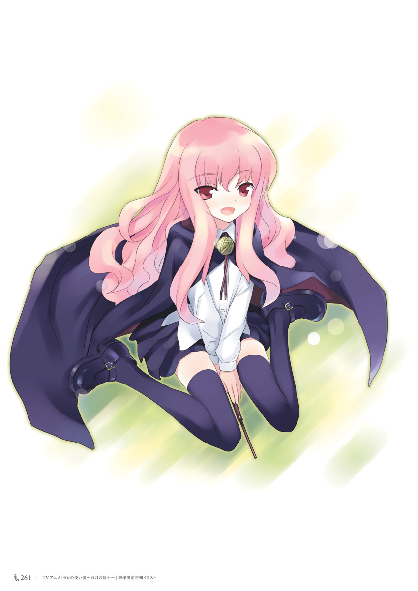 1girl, blue_cape, blue_footwear, cape, highres, holding, holding_wand, kneeling