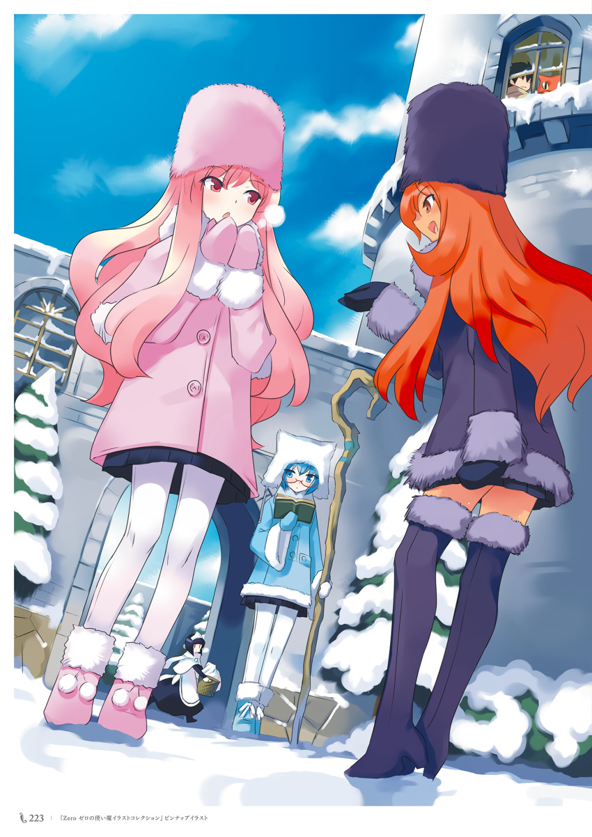 1boy, 4girls, blue_footwear, blue_hair, book, boots, breathing_on_hands, coat