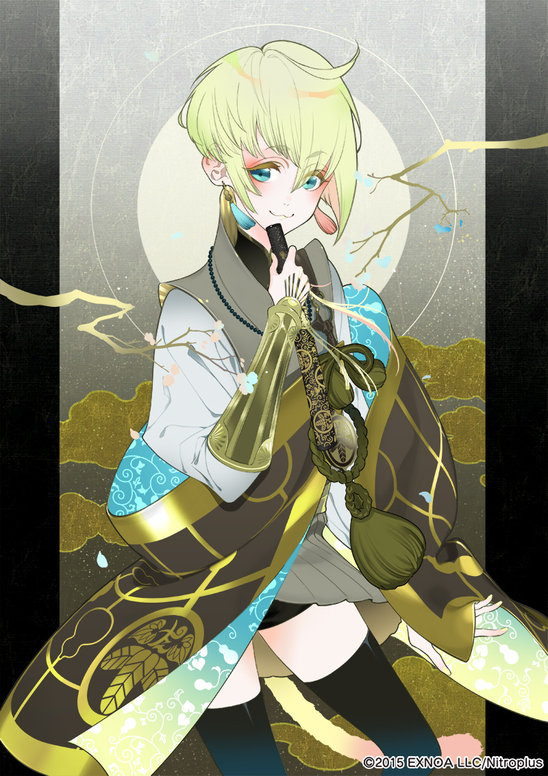 1boy, :3, aqua_eyes, armor, beads, black_legwear, blonde_hair, branch