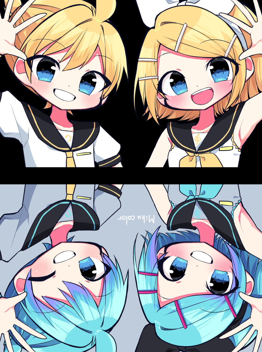 1boy, 1girl, alternate_color, aqua_hair, arm_up, bangs, bare_shoulders, bass_clef