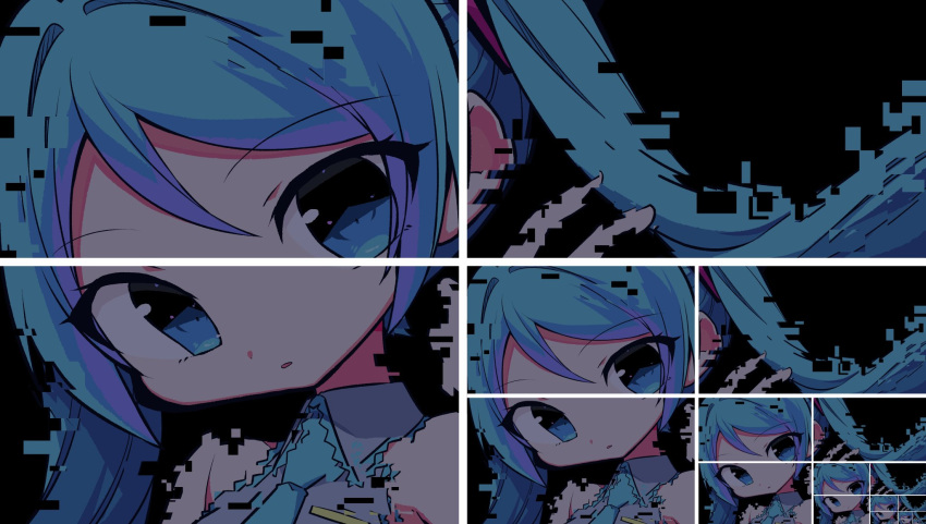 1girl, aqua_eyes, aqua_hair, aqua_neckwear, bare_shoulders, black_background, detached_sleeves, digital_dissolve