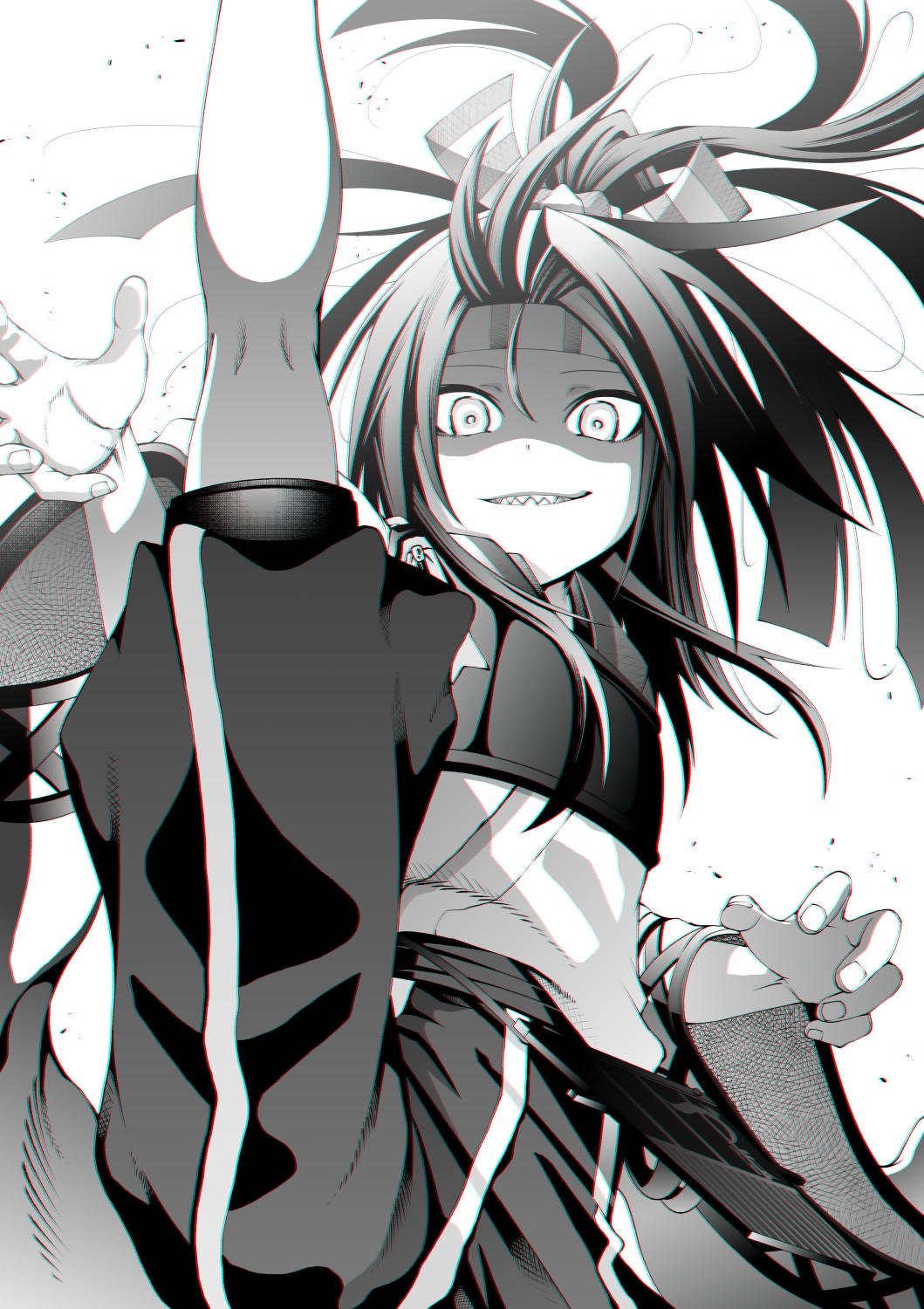 1girl, akaneharu_ohkami, bangs, commentary_request, greyscale, hachimaki, hair_ribbon, hakama_pants