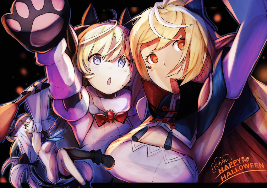 3girls, ahoge, animal_ears, bangs, black_shorts, blonde_hair, blue_eyes, bow