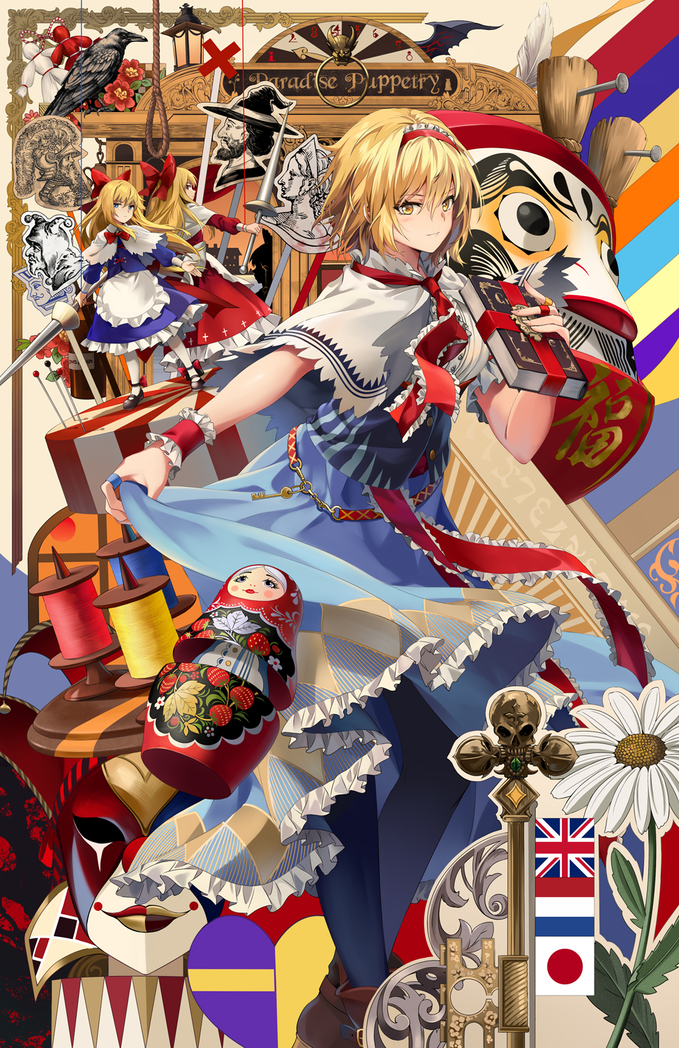 3girls, alice_margatroid, bird, blonde_hair, blue_dress, blue_legwear, book, capelet