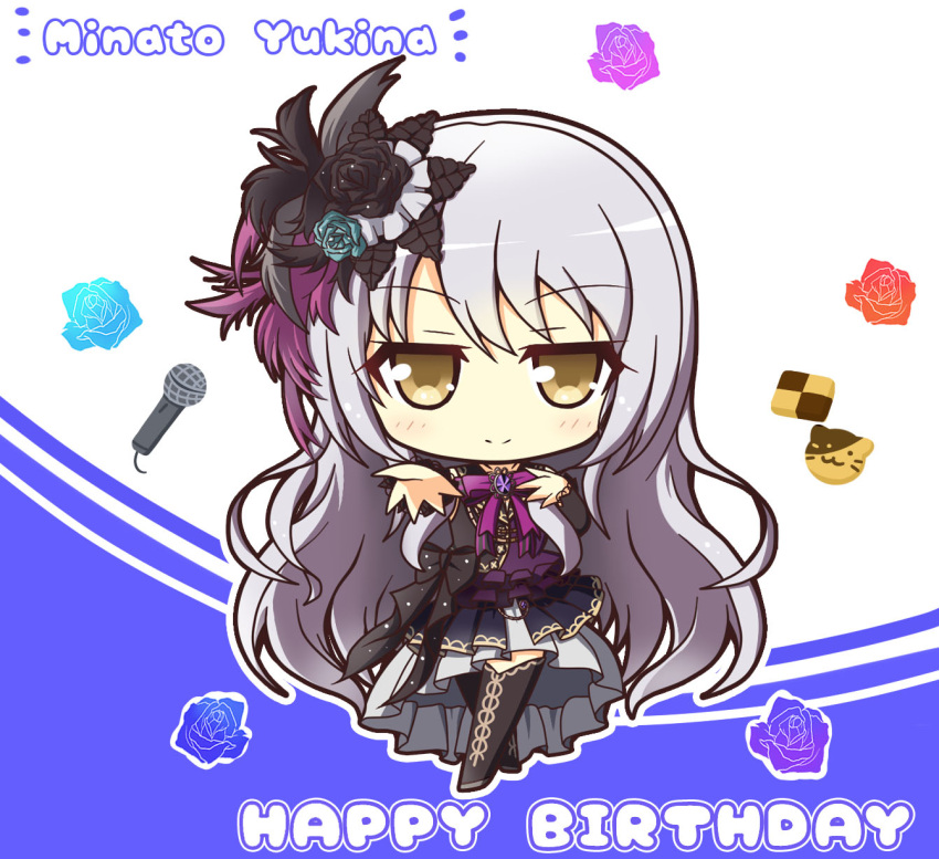 1girl, bang_dream!, blue_flower, blue_rose, chibi, cookie, flower, food, happy_birthday, highres, minato_yukina, rose, silver_hair, teen_(teen629)