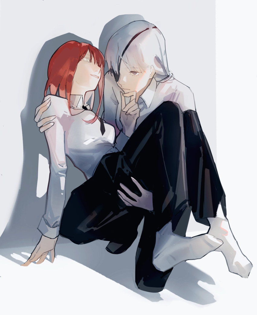 2girls, black_eyepatch, black_eyes, black_neckwear, black_pants, brown_hair, business_suit, carrying