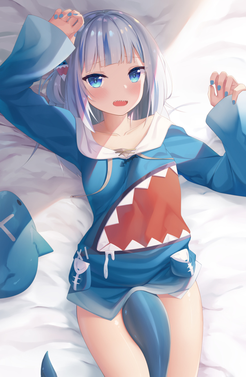 1girl, absurdres, arms_up, bangs, bed_sheet, between_legs, blue_dress, blue_eyes