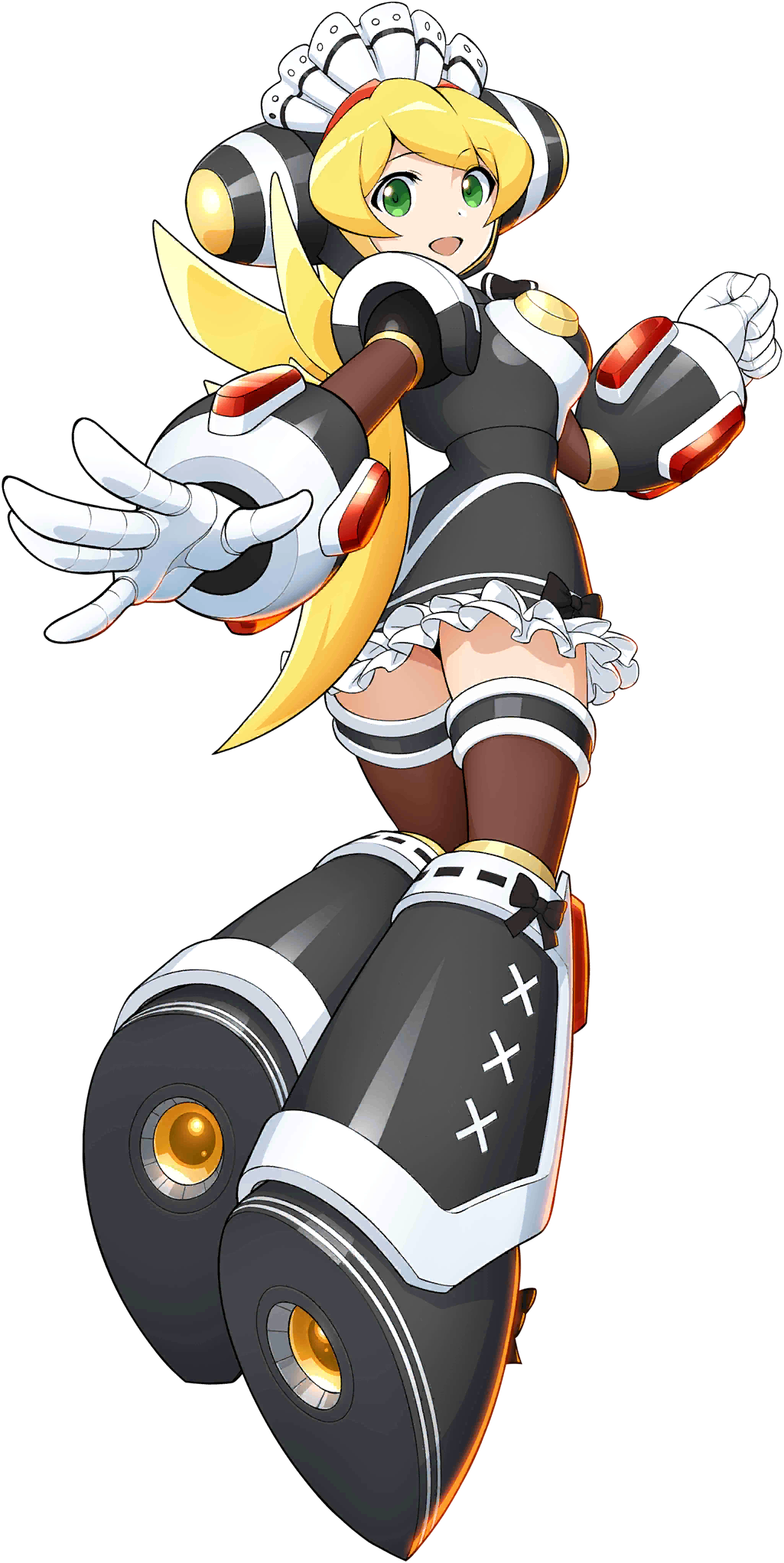 1girl, :d, alternate_costume, android, blonde_hair, breasts, capcom, cinnamon