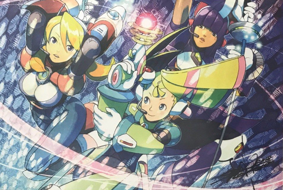 3girls, alia_(rockman), android, bangs, blonde_hair, blue_eyes, blunt_bangs, breasts