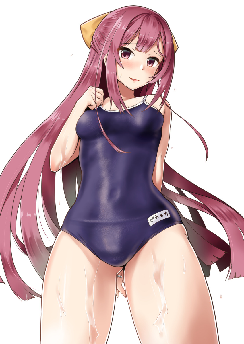 1girl, absurdres, arm_behind_back, ass_visible_through_thighs, black_swimsuit, blush, bow, breasts