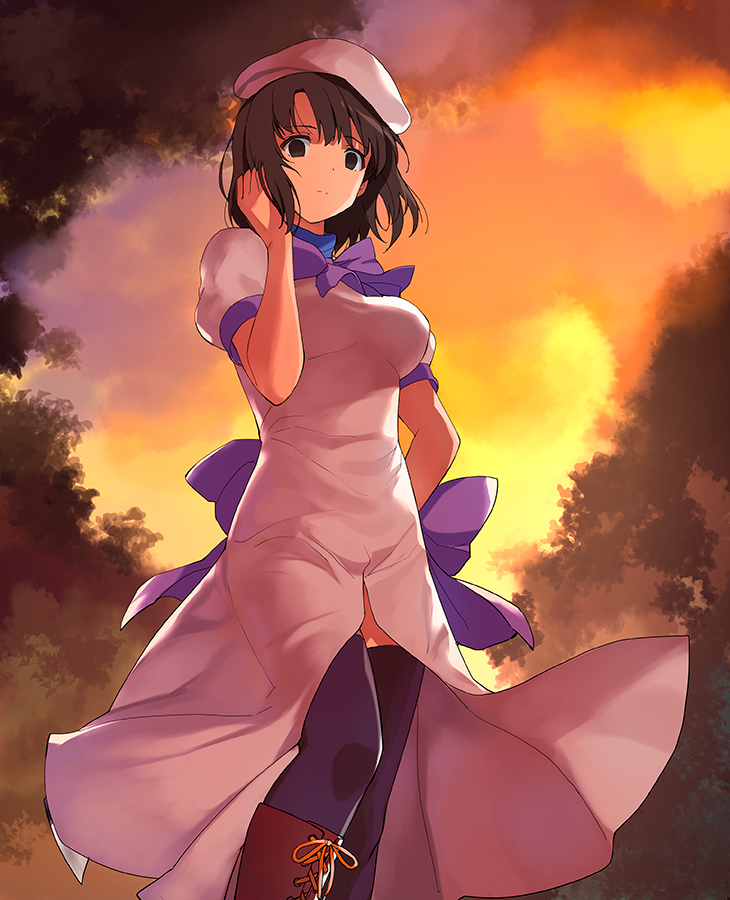 1girl, a1, beret, black_legwear, boots, brown_eyes, brown_hair, clouds