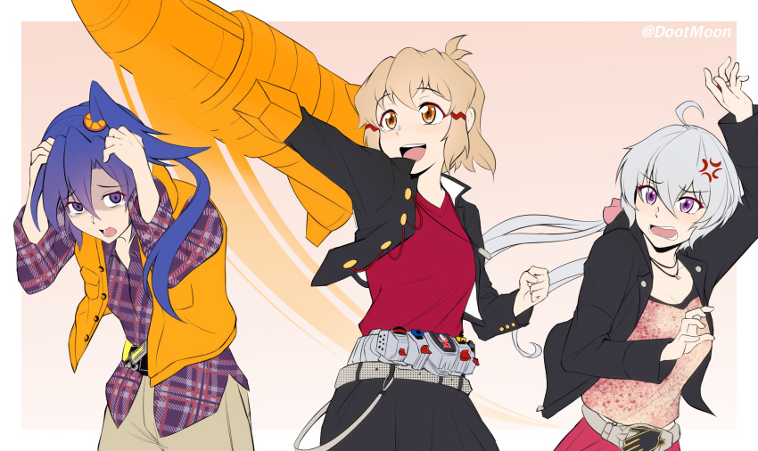 3girls, anger_vein, artist_name, blonde_hair, blue_hair, cosplay, dootmoon, ducking