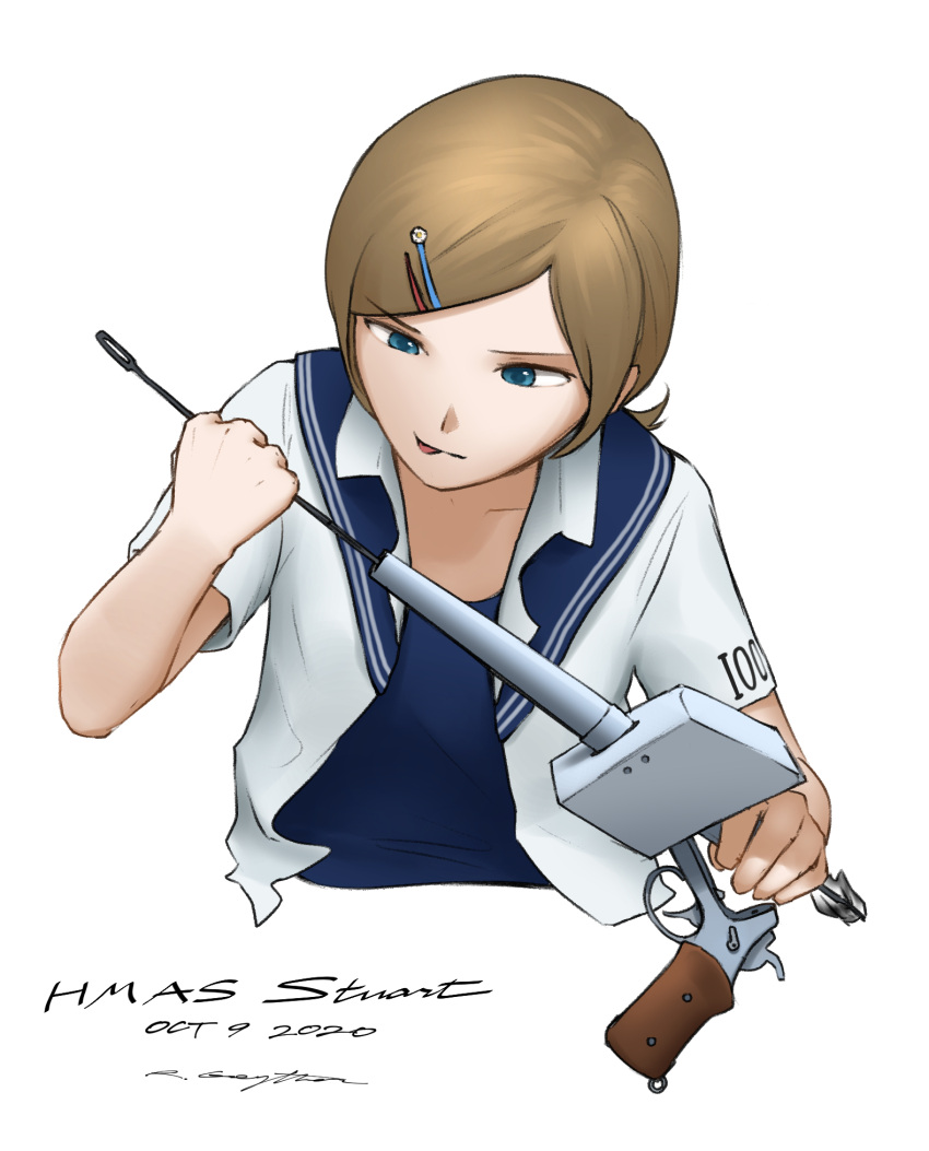 1girl, blue_eyes, break_action, brown_hair, cleaning_weapon, clothes_writing, commission, dated