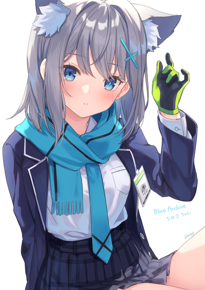 1girl, absurdres, animal_ear_fluff, animal_ears, arm_up, artist_name, black_skirt, blazer
