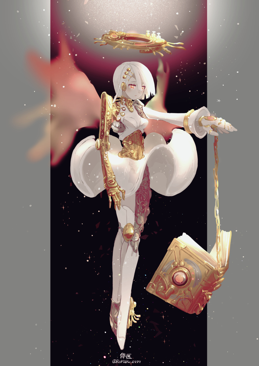 1girl, absurdres, android, angel, book, chain, commentary_request, dress