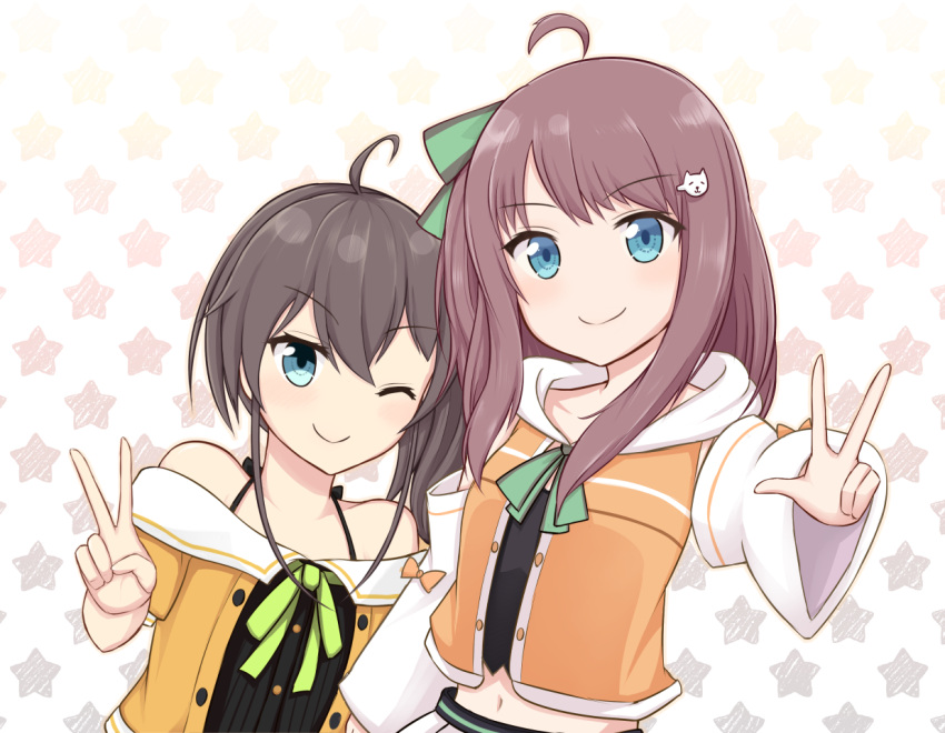 2girls, ahoge, blue_eyes, bow, brown_hair, cat_hair_ornament, detached_sleeves, flat_chest