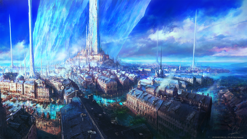 blue_sky, boat, city, clouds, crystal, final_fantasy, final_fantasy_xvi, highres