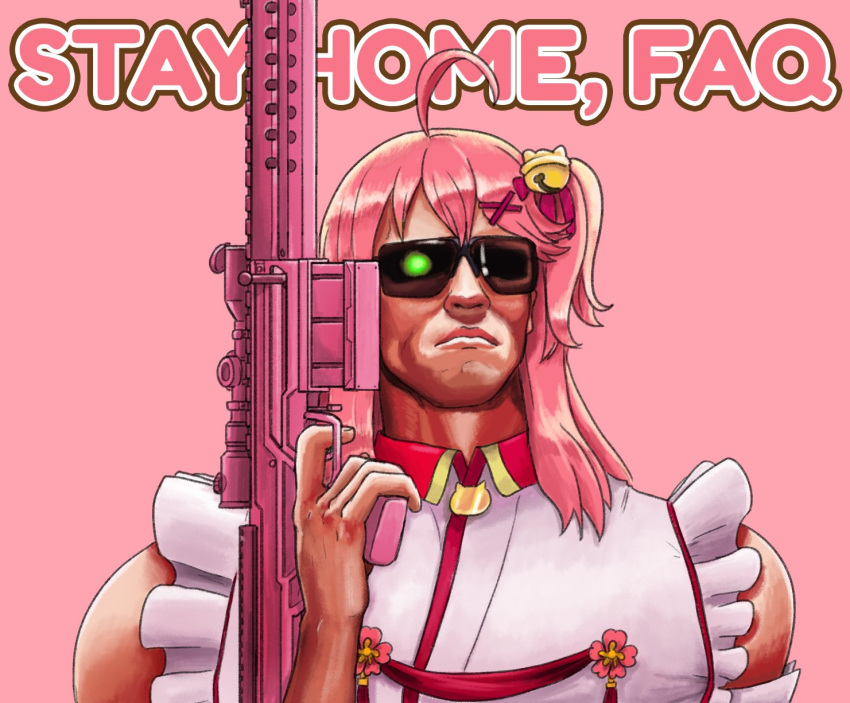 agito666, ahoge, arnold_schwarzenegger, bangs, bare_shoulders, bell, english_commentary, english_text, glowing, glowing_eye, gun, hair_bell, hair_ornament, hand_up, highres, holding, holding_gun, holding_weapon, hololive, one_side_up, parody, pink_background, pink_hair, red_ribbon, ribbon, sakura_miko, shiny, shiny_hair, sleeveless, solo, sunglasses, t-800, terminator, upper_body, virtual_youtuber, weapon, x_hair_ornament
