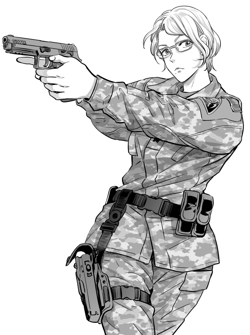 1girl, ace_combat, ace_combat_7, ammunition_pouch, camouflage, camouflage_pants, camouflage_shirt, commentary