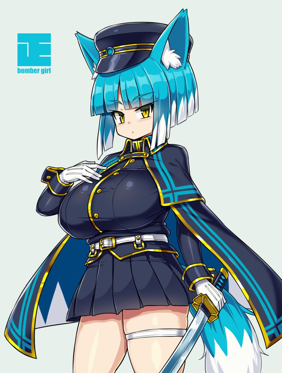 animal_ear_fluff, animal_ears, asagi_(bombergirl), bangs, belt, blue_hair, blunt_bangs, bombergirl