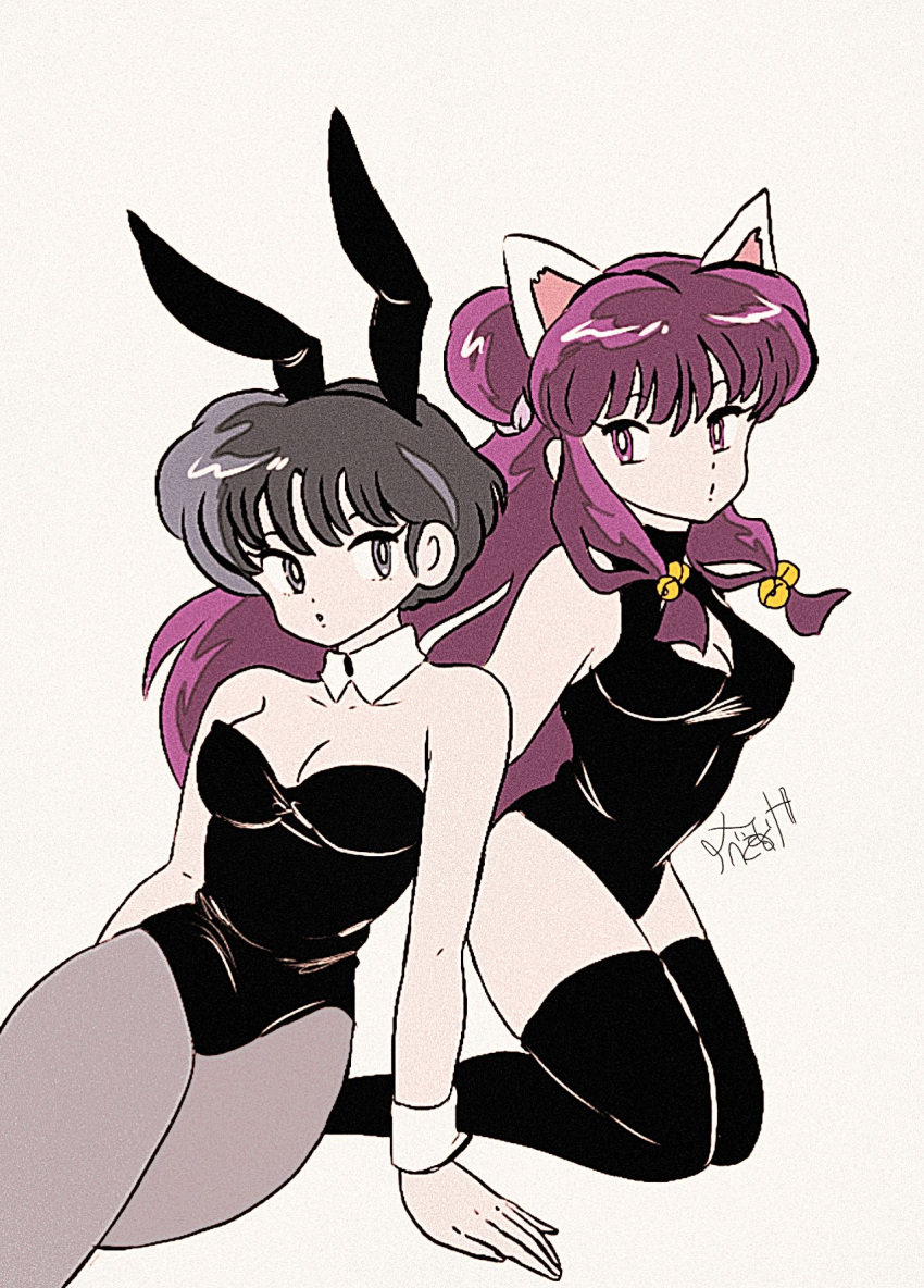 2girls, animal_ears, black_hair, cat_ears, highres, leotard, multiple_girls, pantyhose, playboy_bunny, purple_hair, rabbit_ears, ranma_1/2, rumdaword, shampoo_(ranma_1/2), tendou_akane, thigh-highs