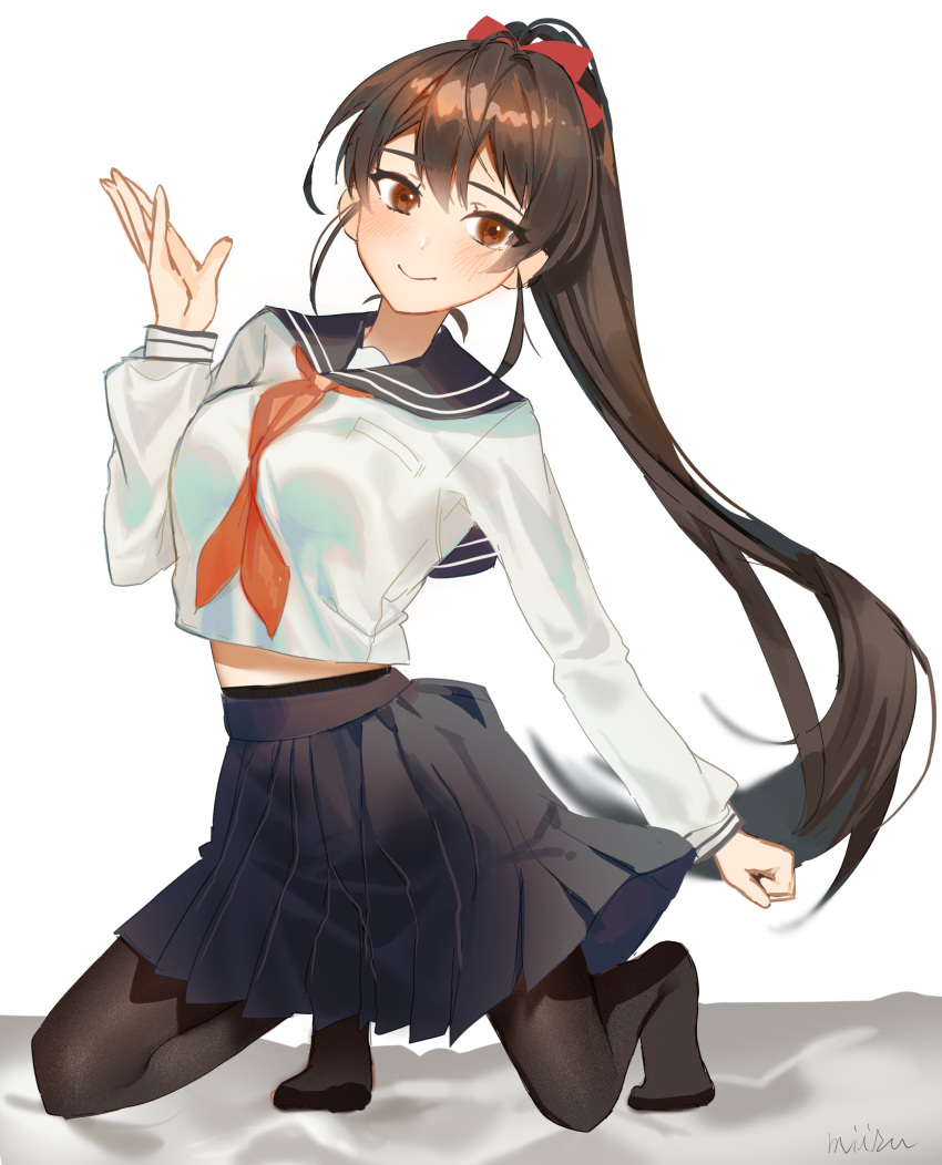 1girl, absurdres, blue_skirt, brown_eyes, brown_hair, highres, long_hair, looking_down