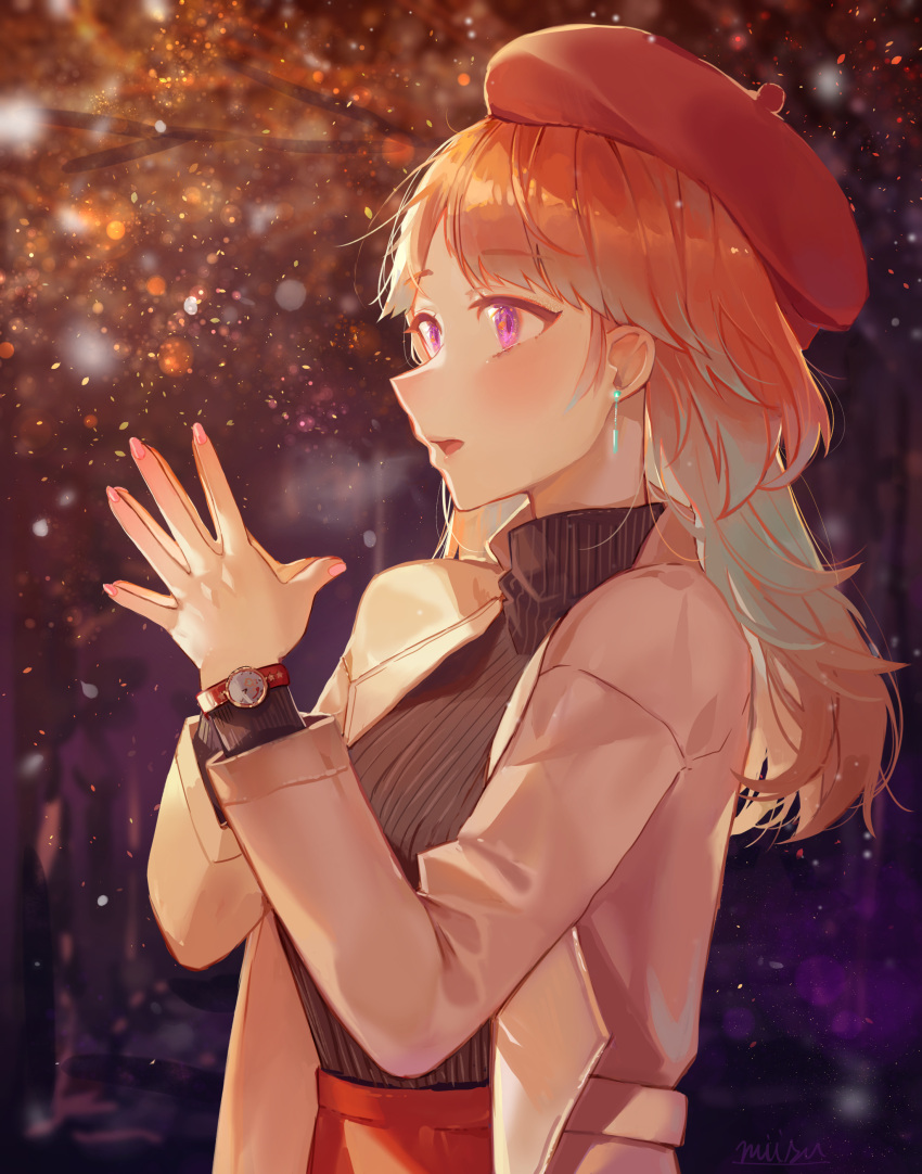 1girl, absurdres, alternate_costume, beret, casual, hands_together, hat, highres