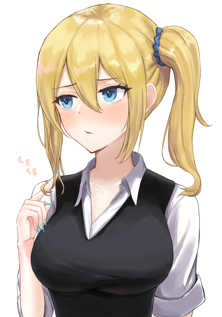 1girl, bangs, blonde_hair, blue_eyes, blue_nails, blue_scrunchie, blush, breasts
