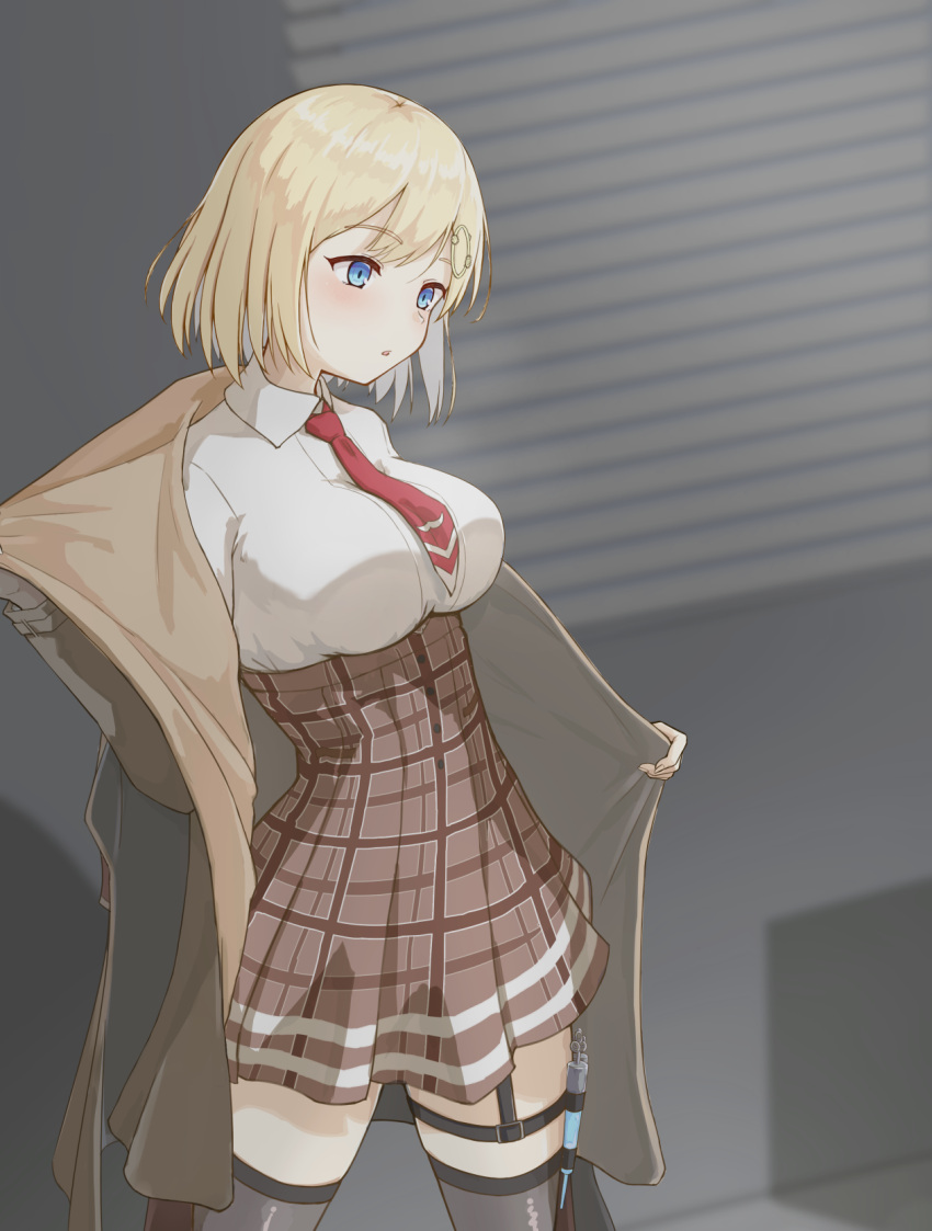 1girl, :o, bangs, beige_coat, black_legwear, blinds, blonde_hair, blue_eyes, blush, breasts, brown_skirt, coat, collar, collared_shirt, eightbatoidea, eyebrows_visible_through_hair, hair_ornament, highres, hololive, hololive_english, holster, indoors, large_breasts, medium_hair, monocle, necktie, open_mouth, plaid, plaid_skirt, pleated_skirt, red_neckwear, removing_coat, shadow, shirt, skirt, solo, syringe, thigh-highs, thigh_holster, thigh_strap, virtual_youtuber, watson_amelia, white_collar, white_shirt