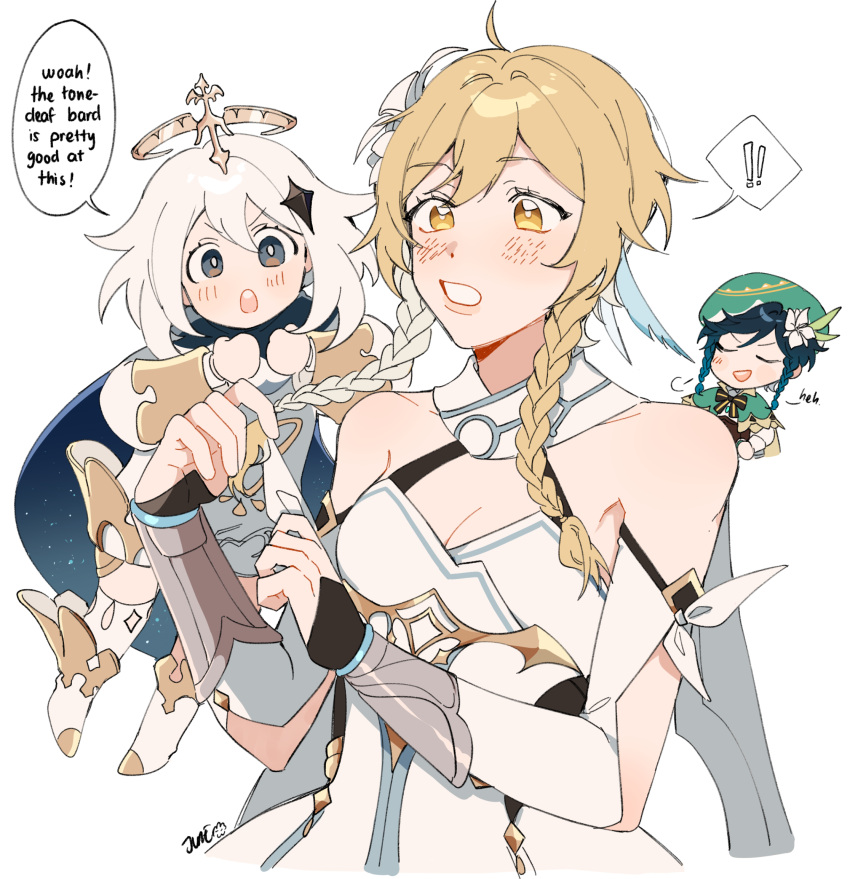 1boy, 2girls, bangs, bare_shoulders, black_hair, blonde_hair, blue_eyes, blue_hair