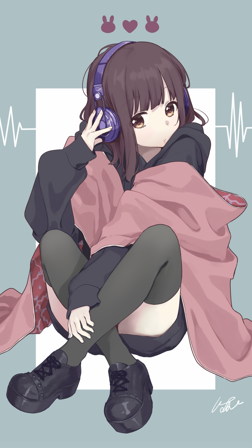 1girl, black_footwear, black_hoodie, black_legwear, brown_eyes, brown_hair, highres, hood, hood_down, hoodie, knees_up, long_sleeves, looking_at_viewer, medium_hair, nanase_kurumi_(menhera-chan), original, pomu, purple_headphones, shoes, solo